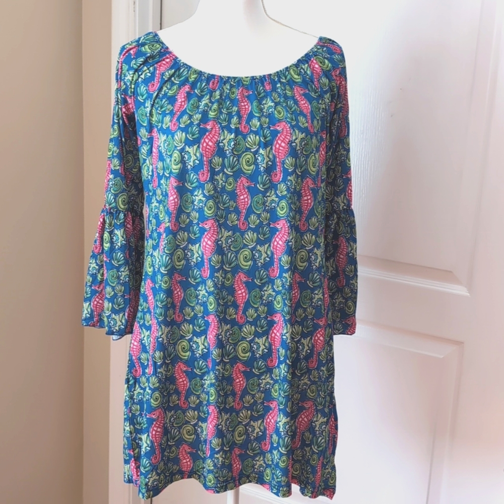 Simply Southern Caroline Seahorse Ocean Print Bell Sleeve Dress. Size Medium